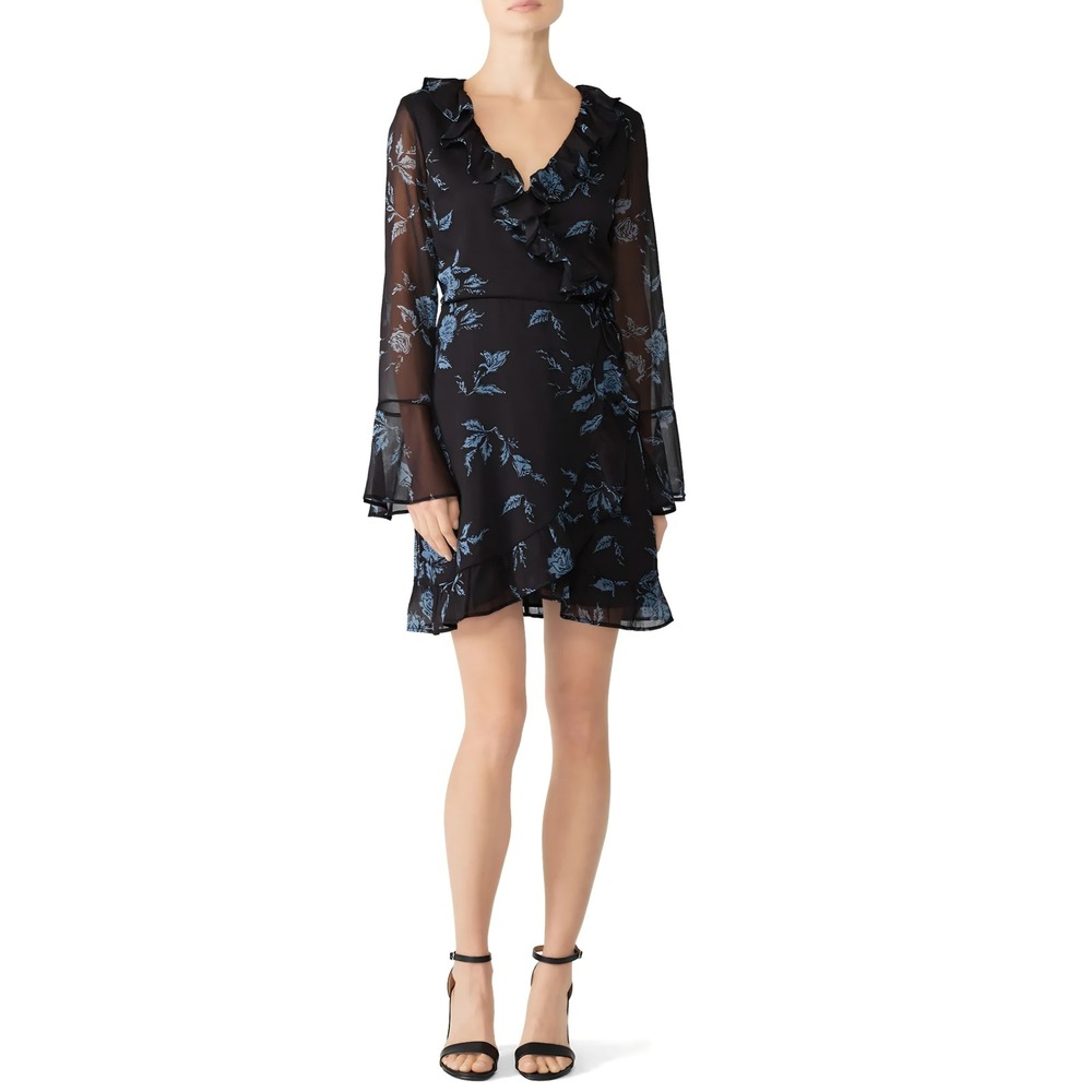 Cleobella Black Blue Floral Ruffle Wrap Mini Dress Bell Sleeve Boho Romantic